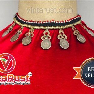 Vintage Choker Necklace With Dangling Coins, Statement Coins Choker Necklace